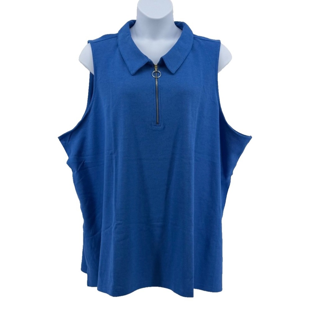 Kim Gravel Belle Cotton Blend Sleeveless Polo Top Blue 5X Plus Size